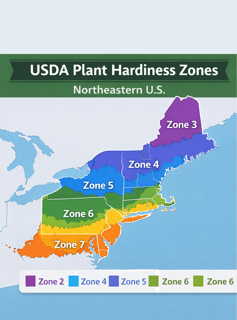 美国东北地区种植分区地图（Zone 3到Zone 7气候分布）
